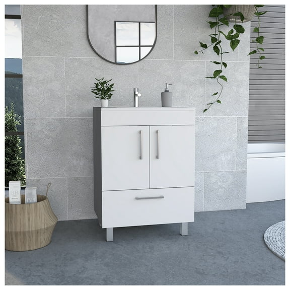 White Bathroom Vanity 2-Door, 23.6" Single Sink Rectangular Cabinet, Modern Farmhouse Vanity for Small Bathroom, Space Saving Storage