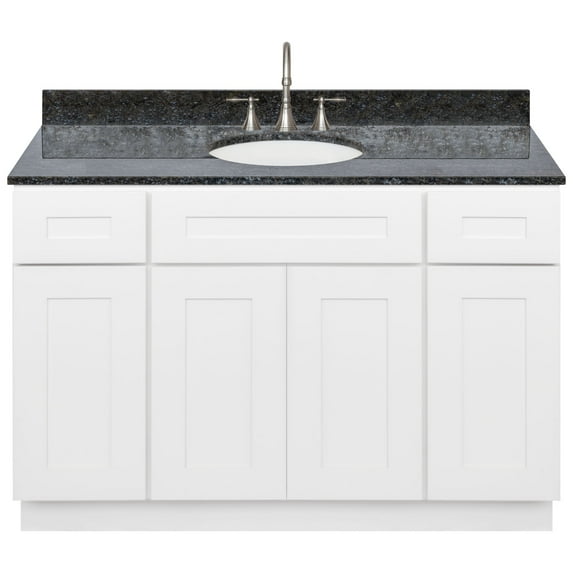 White Bathroom Vanity 48", Blue Butterfly Granite Top, Faucet LB7B