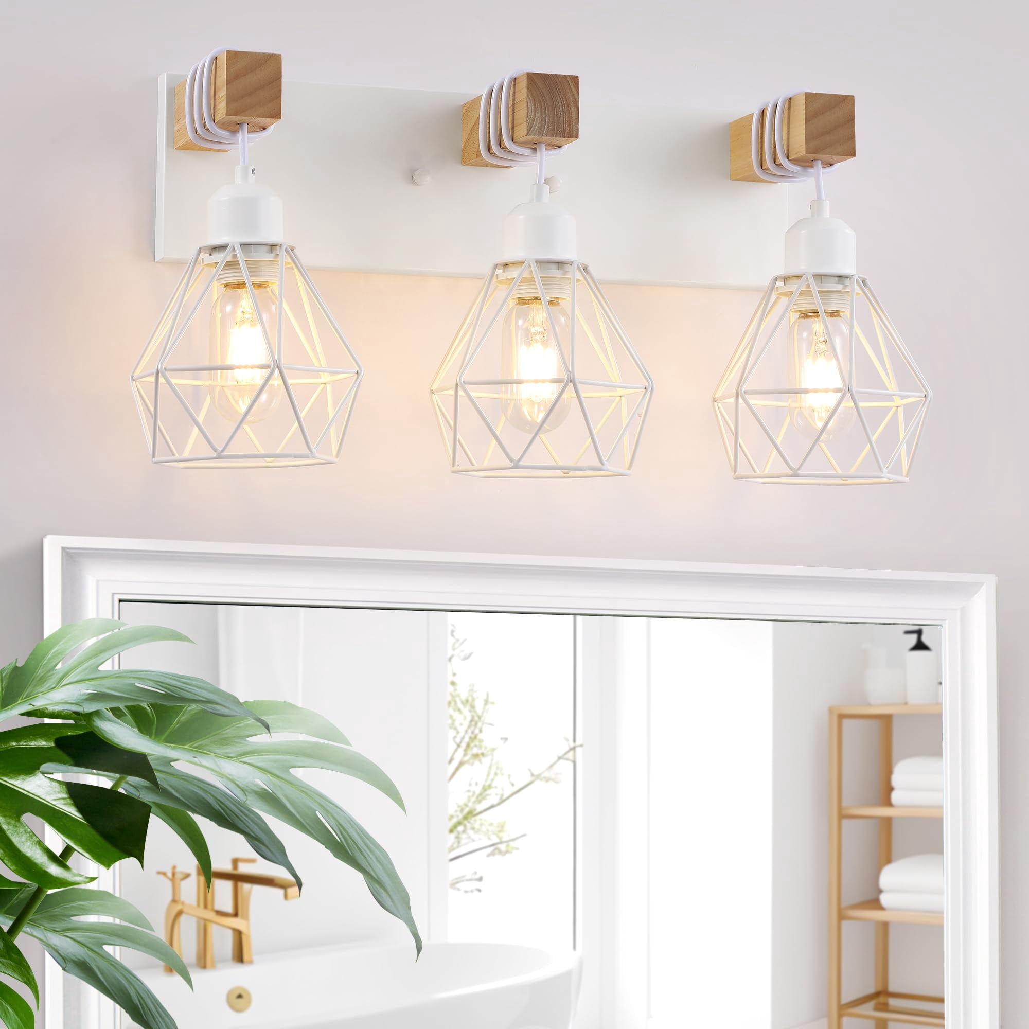 White Bathroom Vanity Light Fixtures  3-light Wood Over Mirror Rustic Sconces Wall Lighting With Elegant Metal Lampshade For Living Room Bedroom Hallway