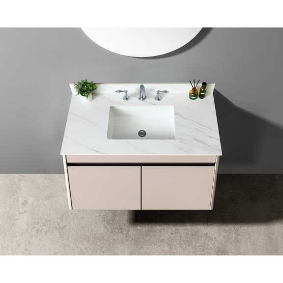 White Bathroom Vanity Top 31 Inch, Made Of Sintered Stone With 4" Backsplash And Pre-drilled Faucet Hole, Versatile Design Elegant Inch Top, Holes, Scratch-