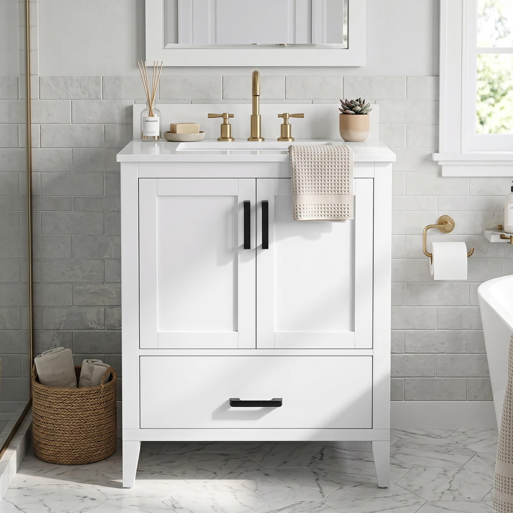 White Bathroom Vanity with Sink, 2 Doors, Drawer, Ceramic Basin, Rubber ...