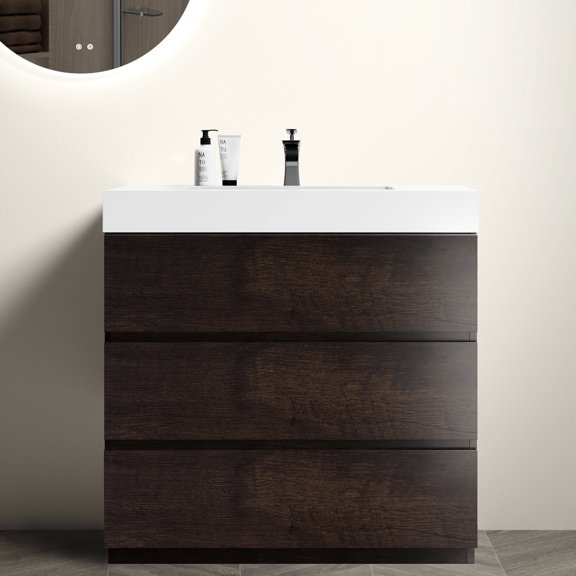 White Bathroom Vanity with Walnut | Handle - free Design, Spacious Drawers | Bathroom Aesthetic Enhancement