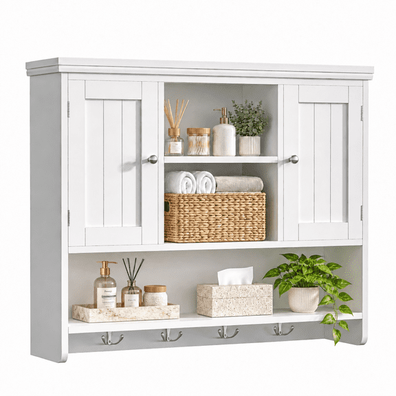 Rovaurx 31.5"W Medicine Cabinet with 4 Hooks, Bathroom Wall Cabinet with Doors, Opening Shelves, Modern Over The Toilet Storage Cabinet for Bathroom, Kitchen, Entryway, White