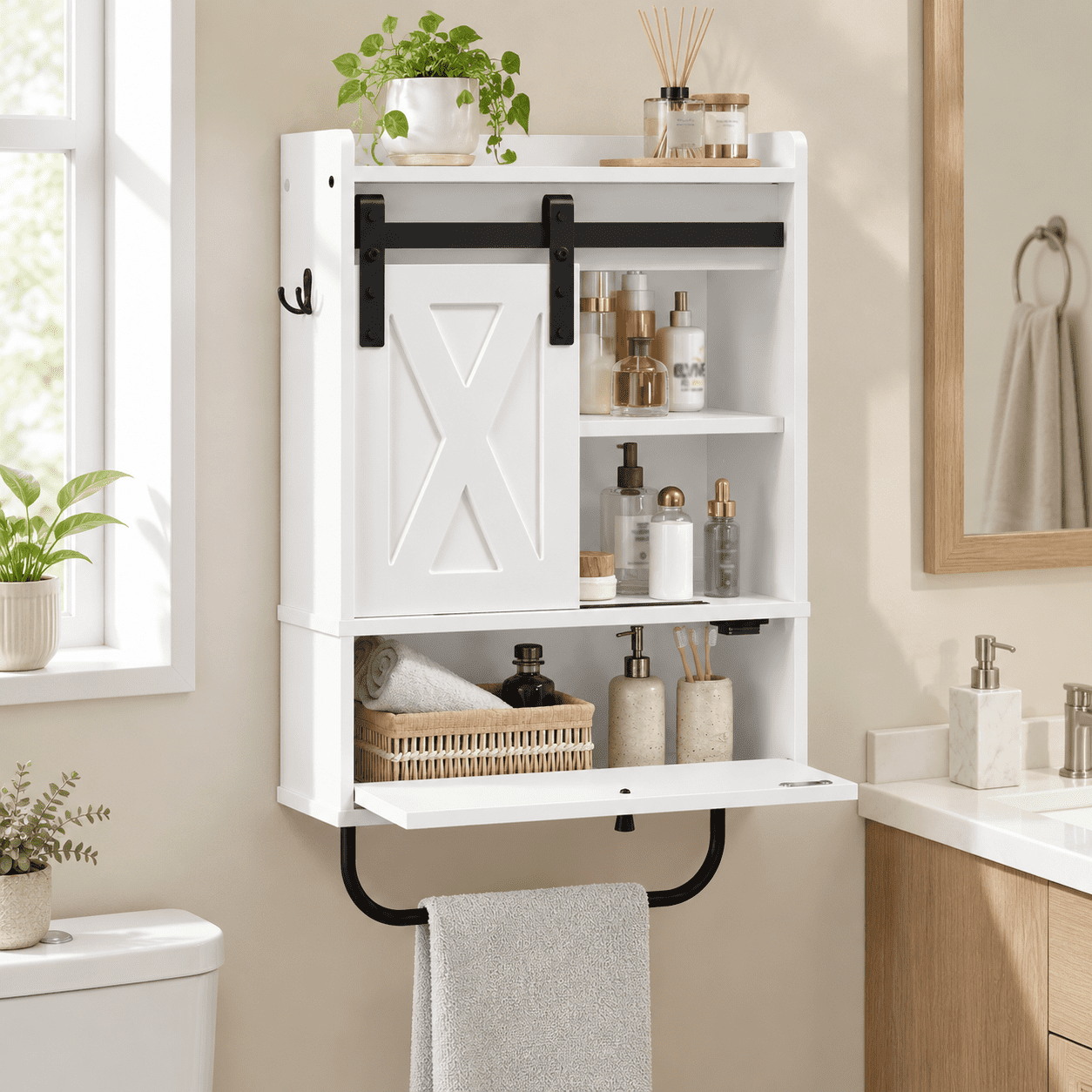 White Bathroom Wall Cabinet with Sliding Barn Door, Farmhouse Style ...