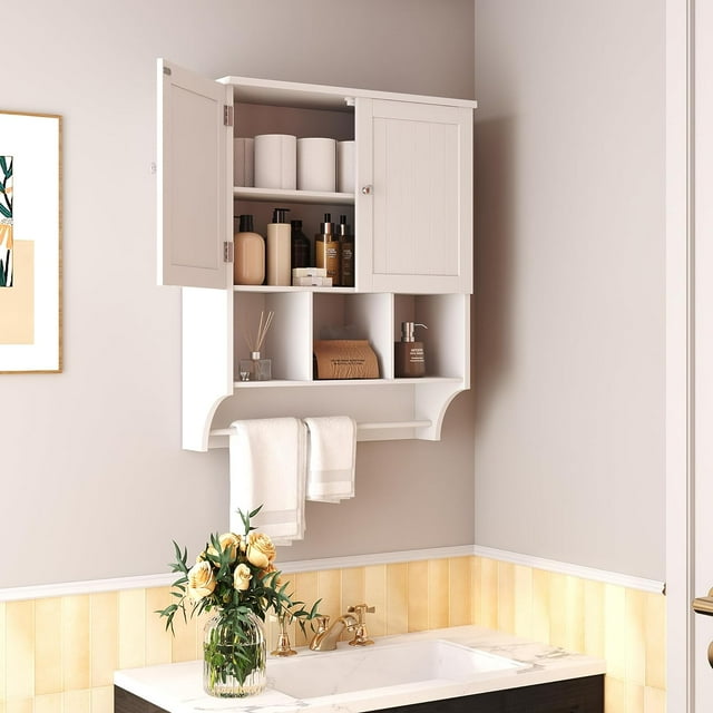 White Bathroom Wall with Towel Bar Ample Storage, Adjustable