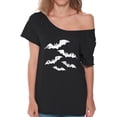 thumbnail image 1 of White Bats Off Shoulder T Shirt for Ladies Retro Oversized Shirts for Her - S M L XL 2XL Funny Graphic Tee - Happy Halloween Gift Holiday Scary Tee T-Shirt Womens, 1 of 2