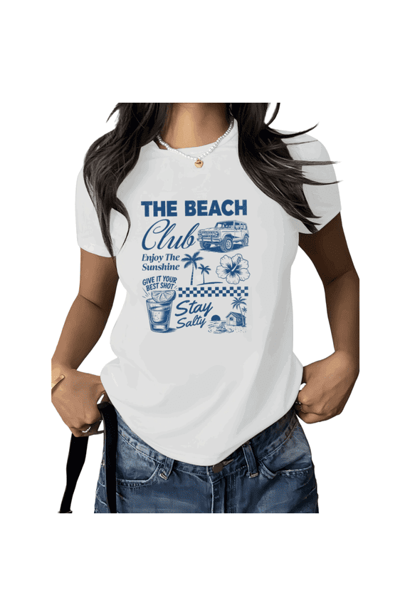 White Beach Club Stay Salty Summer Print Graphic Tees Beach Vacation Graphic Women Casual Coastal Holiday Size S-5XL Funny Tops