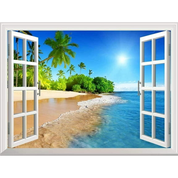 White Beach with Blue Sea and Palm Tree Open Window Mural Wall Sticker - 24"x32"