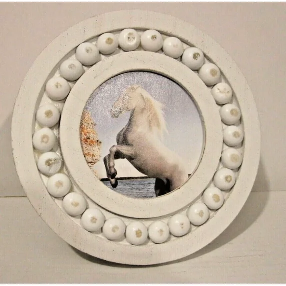 White Beaded 3X3" Distressed Round Wood Photo Picture Frame Country Style