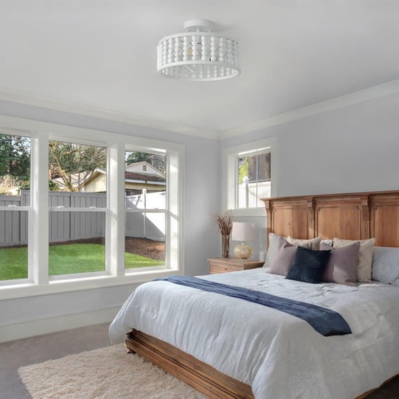 White Beaded Boho Ceiling Light 3Lights, 12.79inches Wooden Bead Ceiling Light Fixture Mini Bohemian Chandelier Coastal Semi Flush Mount Overhead Lighting for Bedroom Hallway, E26