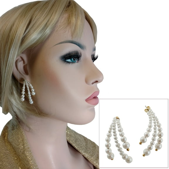 White Beaded Faux Pearl Spray Pierced Earrings 1 1/2" Ladies Adult Female Women