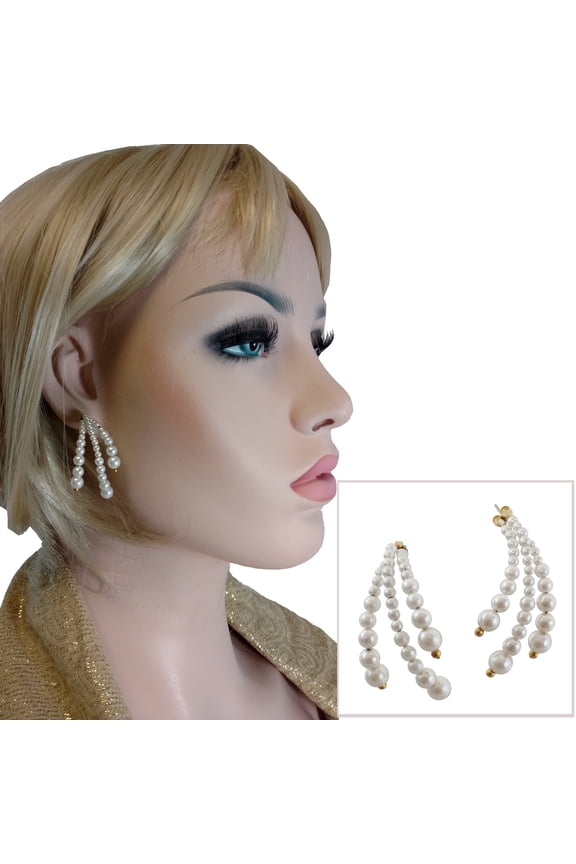 White Beaded Faux Pearl Spray Pierced Earrings 1 1/2" Ladies Adult Female Women