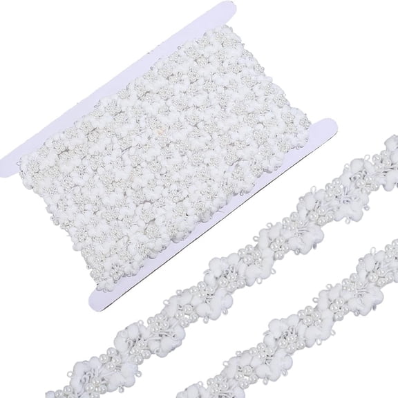 White Beaded Pearl Lace Trim Polyester Gimp Woven Braid Fabric Ribbon Decorative Trimming Tape with Pearls Edge Bulk