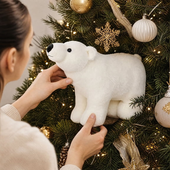 White Bear Christmas Plush Ornament, Soft Cotton Hanging Winter Bear Pendant, Cute Tree Hanging Decor for Home Holiday Party, 7.87in