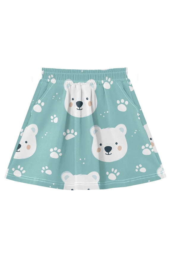 White Bear Face Pattern Cotton Skirt Built-in Liner Elastic A-Line Flared Skirt with Pockets