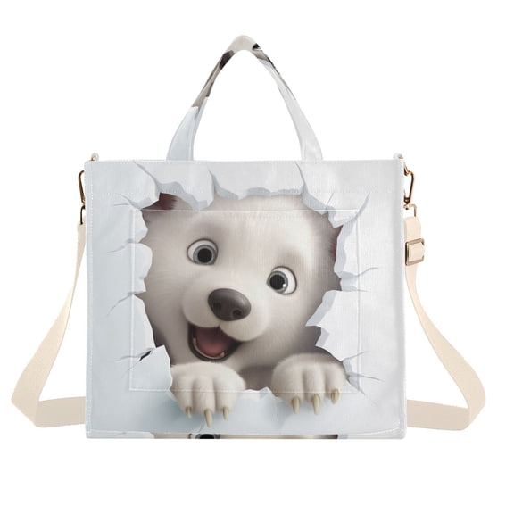White Bear Face Wall Corduroy Tote Bag Handbag Large Messenger Bag Shoulder Crossbody Zipper Bag Purse