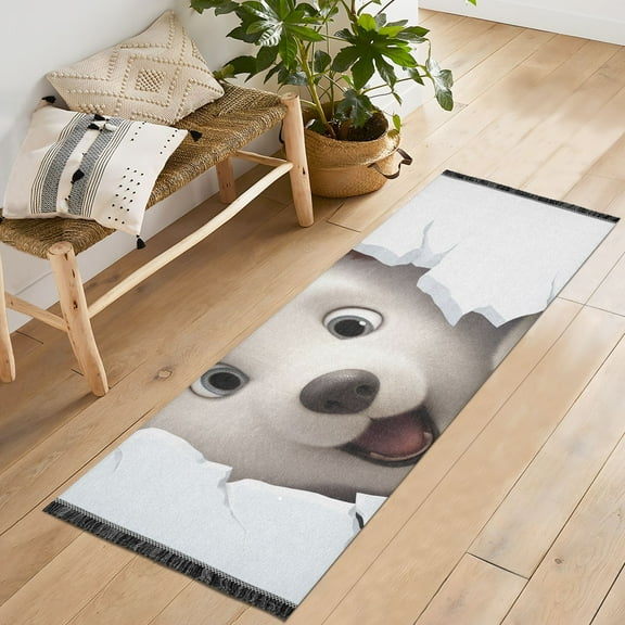 White Bear Face Wall Runner Rug Machine Washable Area Rugs Carpet Non Slip Entryway Mat for Bedroom Entryway Front Door