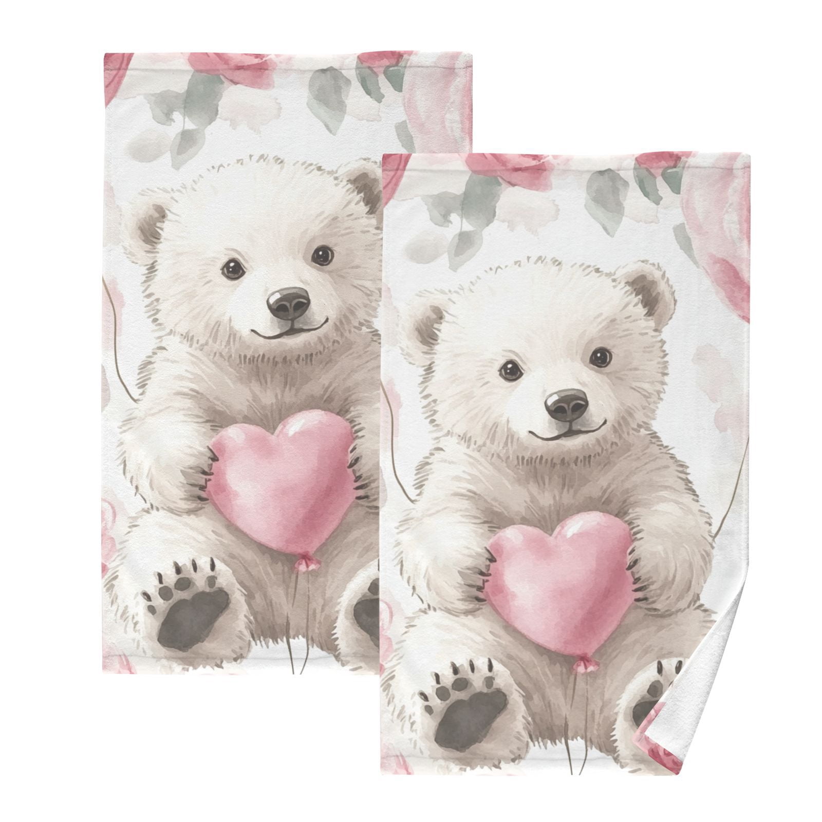 White Bear Floral Hand Towels Cotton Bath Towels Large Face Towels Absorbent for Bathroom 2 Packs