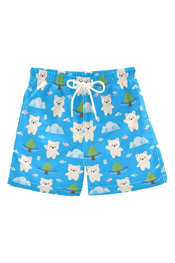 White Bear Pattern Swim Trunks Quick Dry Beach Pool Board Shorts Lightweight Stylish Print Sizes 2T to XL