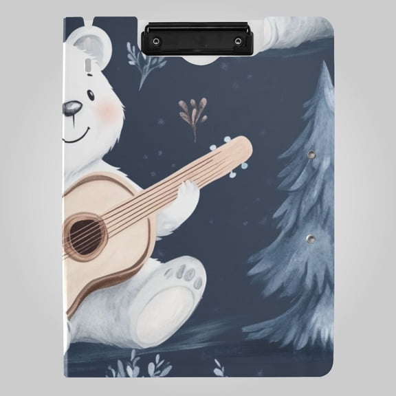 White Bear Play Guitar in Trees Foldable Binder Folder Clipboard with Pen Slot Double Clips A4 Size File Storage