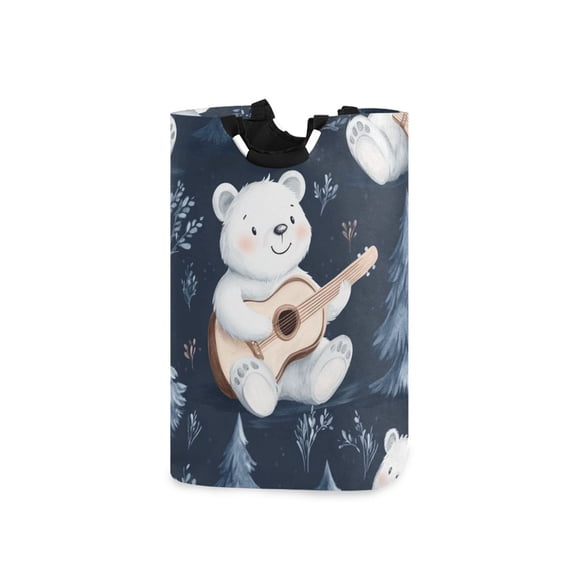 White Bear Play Guitar in Trees Laundry Basket with Handles Foldable Laundry Hamper Freestanding Washing Bin 50L