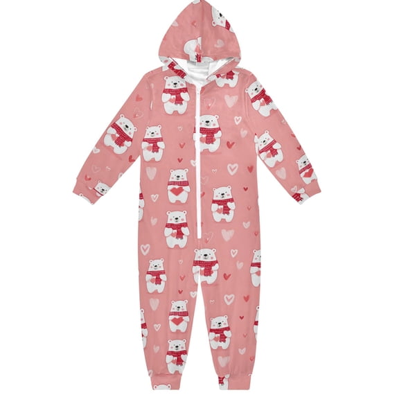 White Bear Scarf Pattern One Piece Pajamas Soft Jumpsuit Cozy Sleep and Play Romper Zipper and Pockets 5T-6T