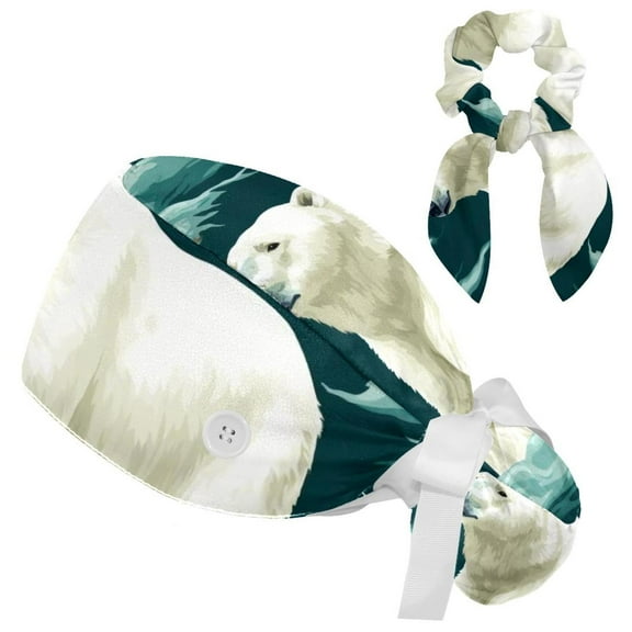 White Bear Scrub Cap, Adjustable Tie Back Hat, One Size Working Head Cover for Women Long Hair