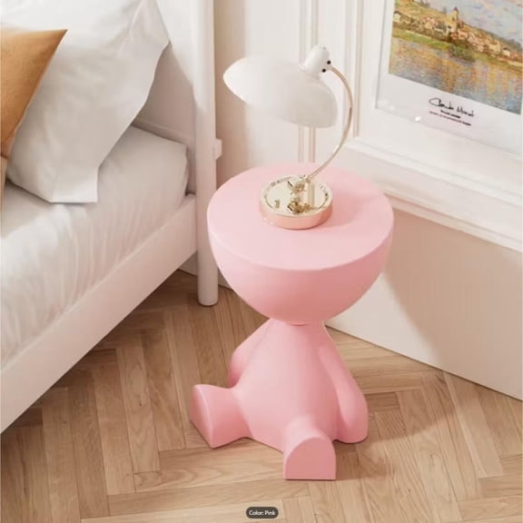 White Bear-Shaped Plastic Nightstand, Compact Storage Table with Cup/Lamp Holder, Easy Assemble, Small Space Friendly for Bedroom Living Room