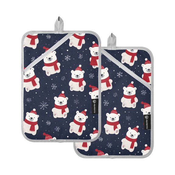 White Bear Winter Pattern Pot Holder Set 2 Piece Non-Slip Oven Hot Pads Heat Resistant Durable 7x9.8in