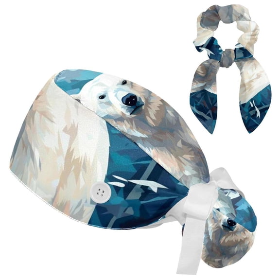 White Bear Working Cap with Bow Hair Matching Scrunchy Sweatband Adjustable Hat Tie Back Hat for Women Men