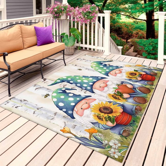 White-Beard Dwarf Outdoor Rug 3x5 Ft, Non Slip Washable Area Rug, Sunflower Heart Forest Floral Patio Rugs Carpet Runner, Large Floor Mat for Indoor/Outdoor Deck Porch Camping