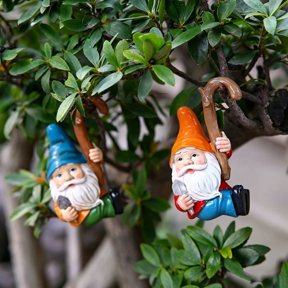 White Beard Dwarf Tree Hanging, Resin Gnome Garden Decor for Pots and Yard, Whimsical Tree Hanging Ornament for Outdoor and Patio Spaces, Decorative Resin Gnome, 2 Pieces White-bearded Dwarf Hangings