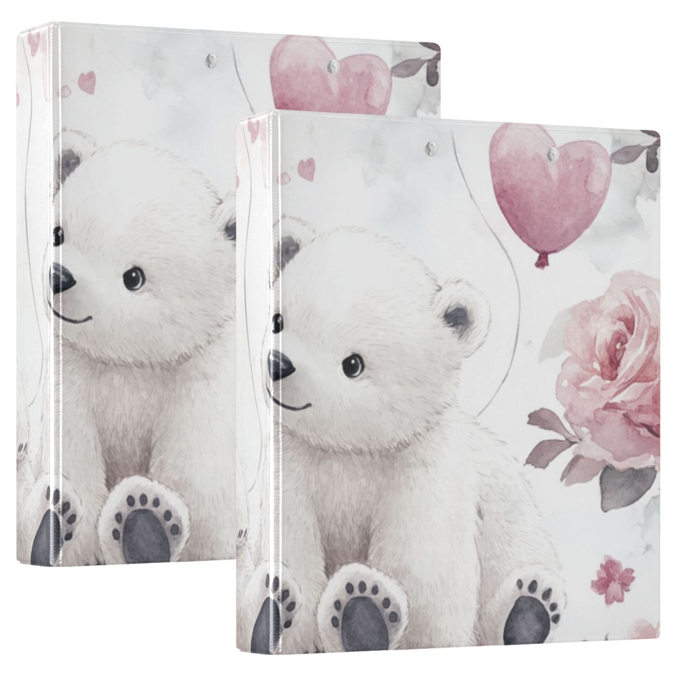 White Bears Roses 3 Ring Binders 1.5 inch Hardcover File Folders with Interior Pockets A4 Size Organizer for School Office Hospital