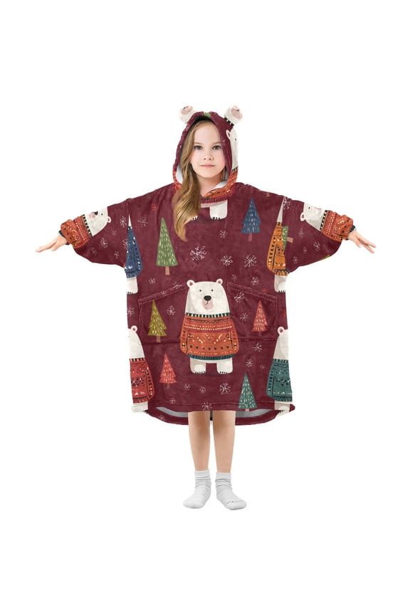 White Bears Wear Christmas Sweaters in Forest Flannel Wearable Blankets Hooded Design Long Sleeves Wrap Unisex for 3T-14Y S