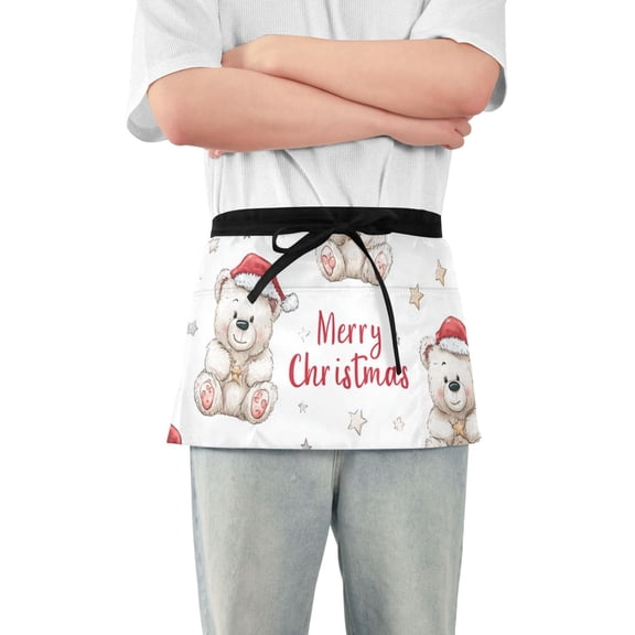 White Bears with Christmas Hats Stars Short Server Apron with 3 Pockets for Unisex Chef Gardening