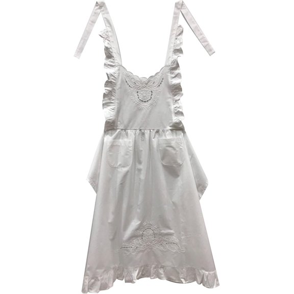 White  Beautiful Flower Embroidery Apron-Ruffles Full Length Bib Women Apron