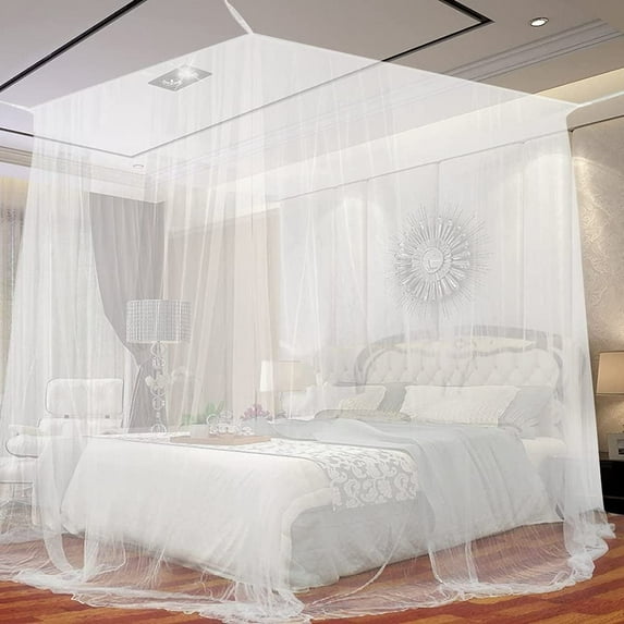 White Bed Canopy Curtains, 4 Corner Bed Canopy Queen - 80" L X 70" W X 100" H White Canopy for Twin Bed for Better Sleep - Easy to Assemble Bed Mosquito Net for Bed, Ideal Queen Canopy Bed Curtains