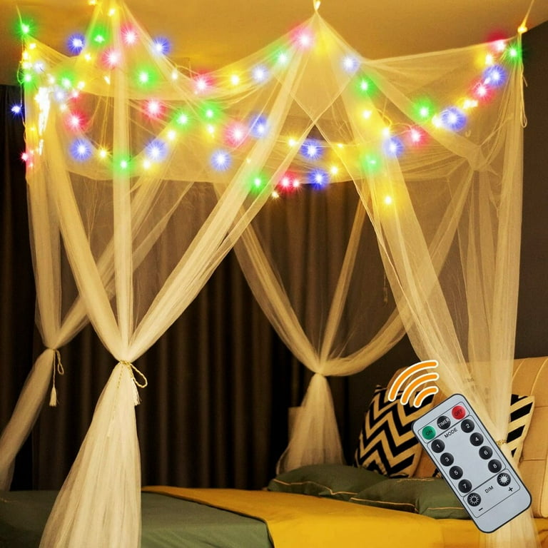 White Bed Canopy with LED Light String 8 Corner Princess Canopy for Ladies Colors Changing String Lights Bed Curtains with Remote Timer Women