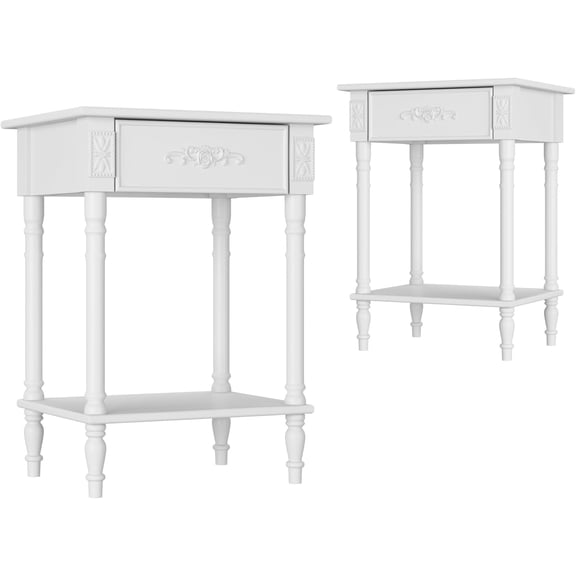 White Bed Side Tables Bedroom Set of 2, Small Night Stands Bedrooms Set of 2, French Country Tall Nightstand with Storage Drawer and Open Shelf, Vintage End Tables for Living Room