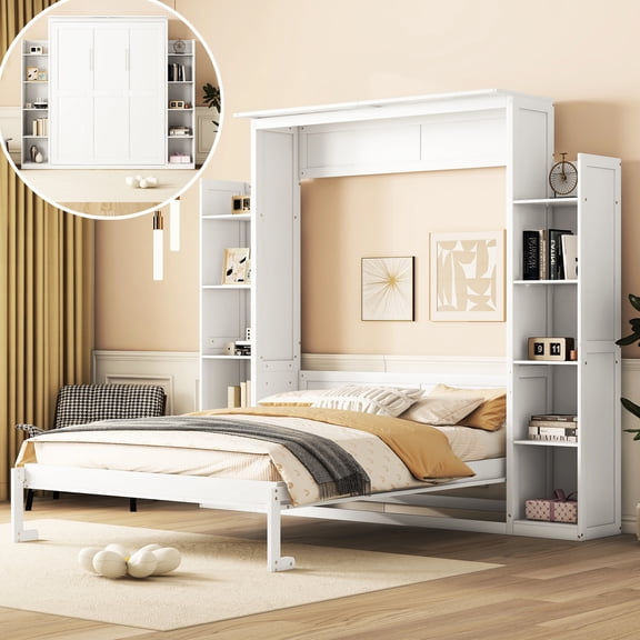 White Bed With Hanging Wire Shelves And Led Desk Lights Wall Glass Floor Lamps