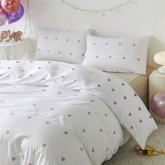 White Bedding Pink Heart Duvet Cover Soft Microfiber Heart Pattern Bedding Set With Zipper Queen Size