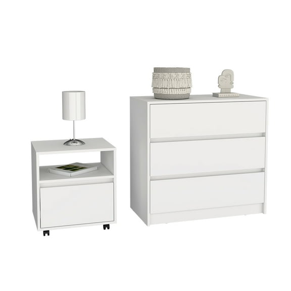 White Bedroom - 2 Pieces. Dresser With Three Double Drawers For Abundant Storage. Metal Glides Hassle- Use. Ideal Top Surface. Ergonomic & Versatile Multiple Spaces. Nightstand And 1 Drawer Personal