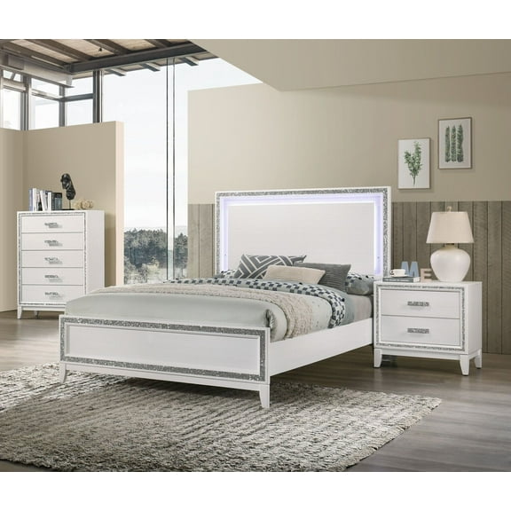 White Bedroom 3pc Set Queen Panel Bed LED HB Nightstand Chest Set Classic Design Bedroom Furniture