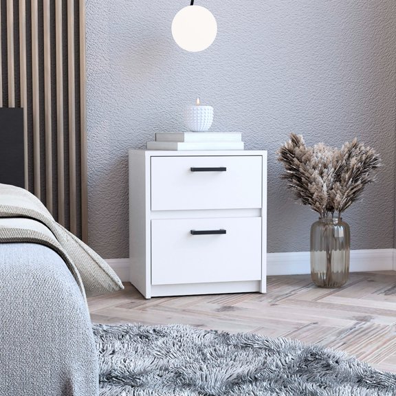 White Bedroom Nightstand With 2 Drawers - Modern End Table, Metal Handles, Useful Storage Feature, Easy Assembly Required Side Table For Bedroom, Capacity, Process