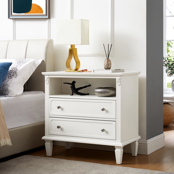 White Bedroom Nightstand With Charging And Drawer Space Options: 2 Drawers, Open Space, Solid Wood Legs, End Table Fluted Pilasters Design Ports Wood, Bedroom,