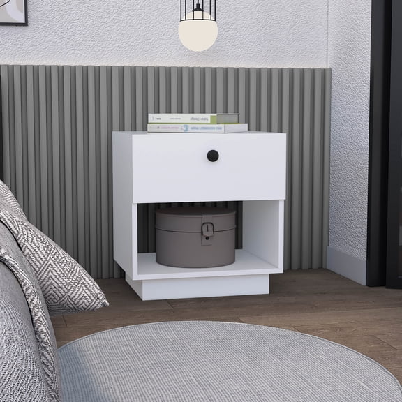 White Bedroom Nightstand With A Functional 1 And Shelf 1 Drawer. Side Table. Open Lower Shelf. Strong Materials. Easy Assembly. Space Saving Furniture. 18.5" X 15.7" 19.7