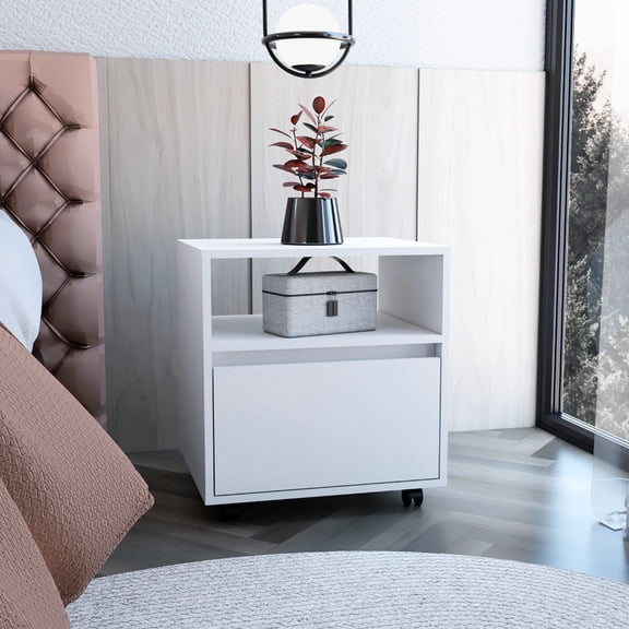White Bedroom Nightstand With One Drawer And Caster Wheels - Functional Stylish Space Layout Organization,