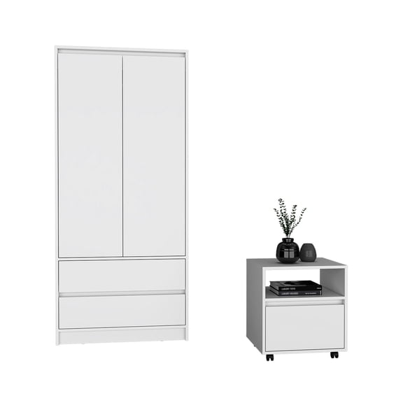 White Bedroom Set with Nightstand and Armoire / Metal Glide Drawers for Small Accessories