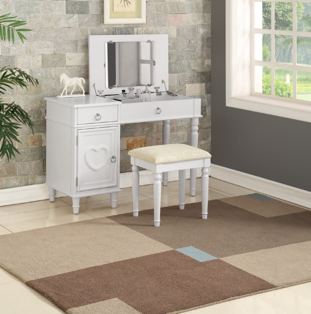 White Bedroom Vanity Set with Flip Top Mirror and Cushioned Stool, Study Writing Desk with Wood ...