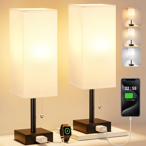 White Bedside Lamps For Bedroom Set Of 2 - Small Rectangular Nightstand Lamp With Ac Outlet Charging Port 3 Color Temperatures Desk Light Bulb Tabletop Reading Living Room/dorm/office